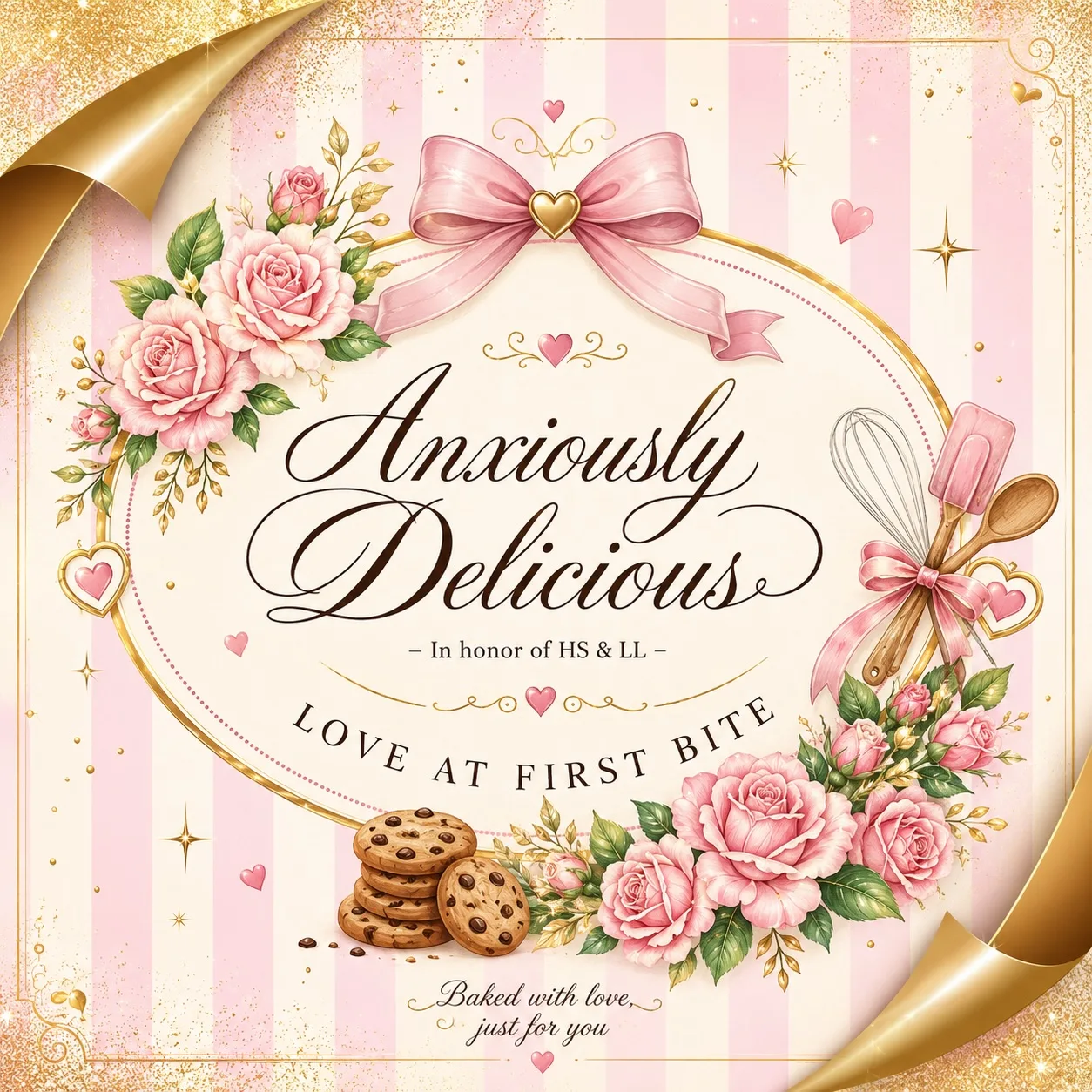 Anxiously Delicious — Love at First Bite, in gold script on a pink striped background framed with roses and cookies